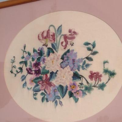 Framed Floral Design Needlework Wall Decor- Approx 19 1/4" x 23 1/2"