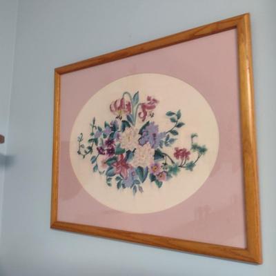 Framed Floral Design Needlework Wall Decor- Approx 19 1/4" x 23 1/2"