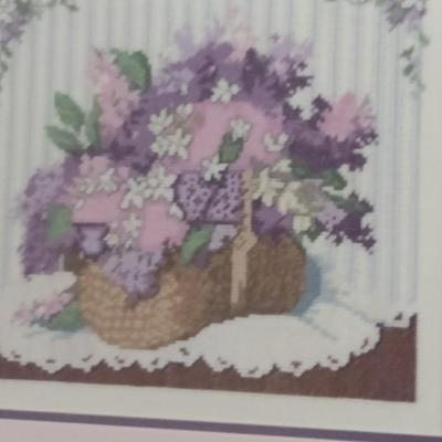 Framed Floral Basket Design Needlework Wall Art- Approx 15 1/2" x 14 1/2"