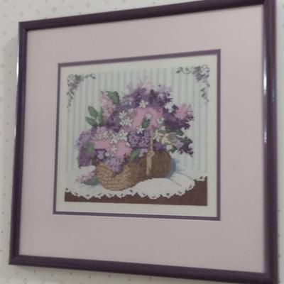 Framed Floral Basket Design Needlework Wall Art- Approx 15 1/2" x 14 1/2"
