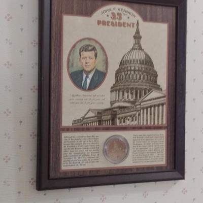John F. Kennedy Memorabilia Plaque with Half Dollar- Approx 10 1/2" x 9"