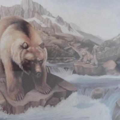 Framed Print- Brown Bear on the River Design- Approx 15" x 12"