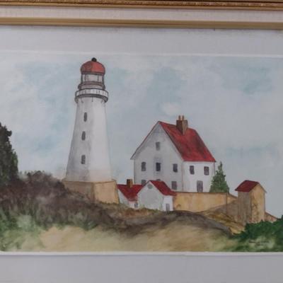 Framed Art- Lighthouse Design by Morris L. Davis- Possibly Watercolor- Approx 20 3/4" x 25"