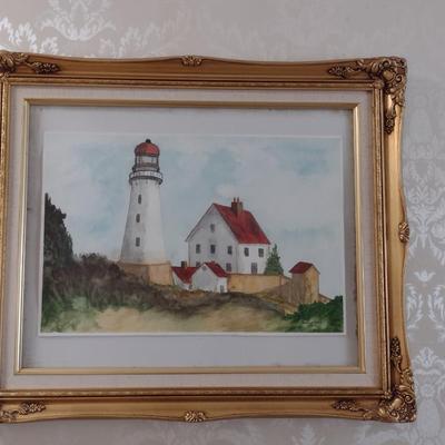 Framed Art- Lighthouse Design by Morris L. Davis- Possibly Watercolor- Approx 20 3/4" x 25"