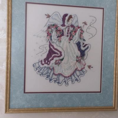 Framed Angel Design Needlework Wall Art- Approx 21 1/2" x 20"