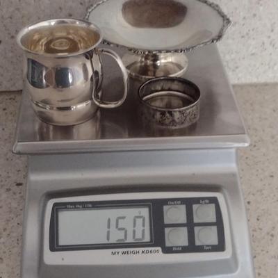 Collection of Sterling Silver Goods- Candy Dish, Baby Cup, Napkin Ring- Approx Total Weight 150 Grams