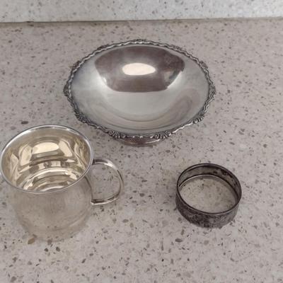 Collection of Sterling Silver Goods- Candy Dish, Baby Cup, Napkin Ring- Approx Total Weight 150 Grams