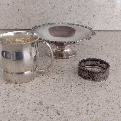 Collection of Sterling Silver Goods- Candy Dish, Baby Cup, Napkin Ring- Approx Total Weight 150 Grams