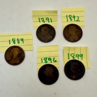 (5) QUEEN VICTORIA British Victorian Pennies 1800's-1900 1889 1891 1892 1896 1899