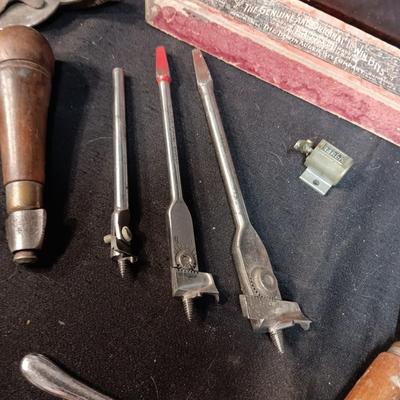 GENUINE AND ORIGINAL IRWIN BITS, WOOD CHEST AND MISC TOOLS