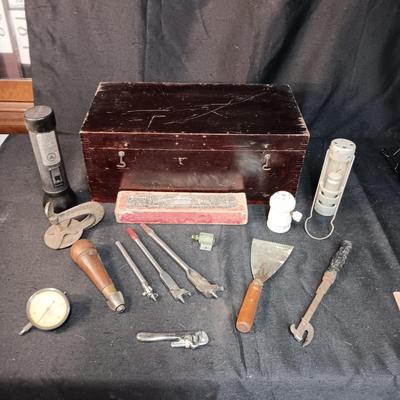 GENUINE AND ORIGINAL IRWIN BITS, WOOD CHEST AND MISC TOOLS