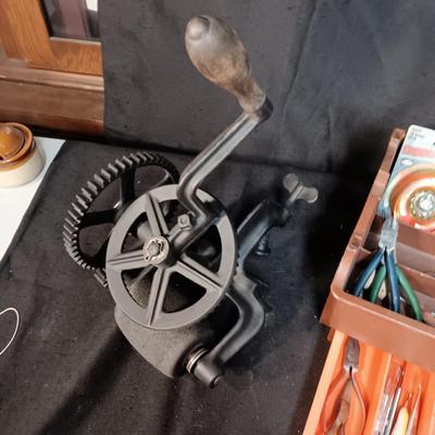 HAND CRANK BENCH GRINDER PLUS SMALLER HAND TOOLS