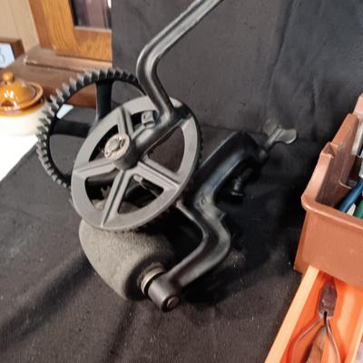 HAND CRANK BENCH GRINDER PLUS SMALLER HAND TOOLS