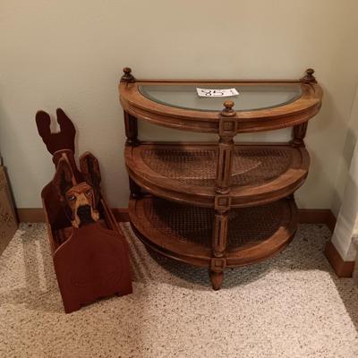3 TIER HALF MOON SIDE TABLE AND A WOODEN ENGRAVED MAGAZINE HOLDER