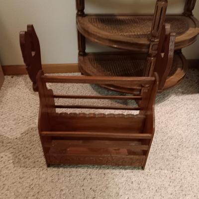 3 TIER HALF MOON SIDE TABLE AND A WOODEN ENGRAVED MAGAZINE HOLDER