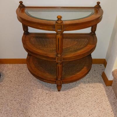3 TIER HALF MOON SIDE TABLE AND A WOODEN ENGRAVED MAGAZINE HOLDER