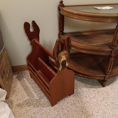 3 TIER HALF MOON SIDE TABLE AND A WOODEN ENGRAVED MAGAZINE HOLDER