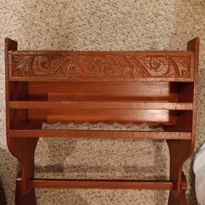 3 TIER HALF MOON SIDE TABLE AND A WOODEN ENGRAVED MAGAZINE HOLDER