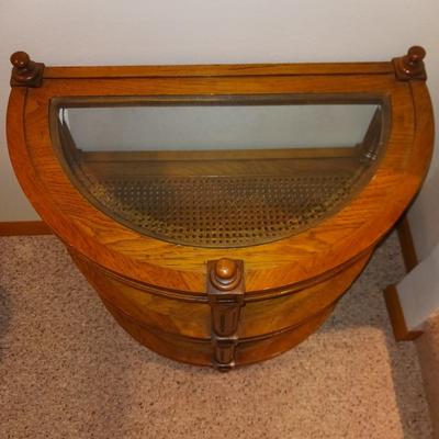 3 TIER HALF MOON SIDE TABLE AND A WOODEN ENGRAVED MAGAZINE HOLDER