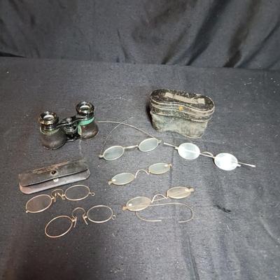 OLD EYE GLASSES AND BINOCULARS