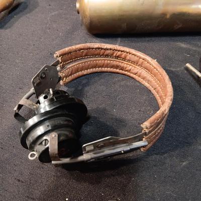 BRASS FIRE EXTINGUISHER AND VARIOUS HEADPHONES