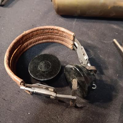 BRASS FIRE EXTINGUISHER AND VARIOUS HEADPHONES