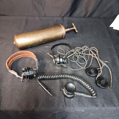 BRASS FIRE EXTINGUISHER AND VARIOUS HEADPHONES