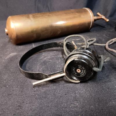 BRASS FIRE EXTINGUISHER AND VARIOUS HEADPHONES