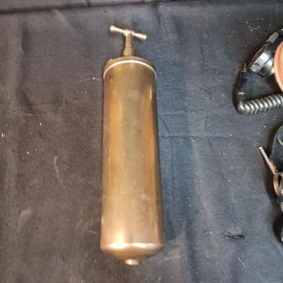 BRASS FIRE EXTINGUISHER AND VARIOUS HEADPHONES