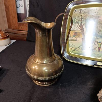 CURRIER & IVES METAL TRAY, BRASS DALLAH COFFEE POT & PITCHER PLUS A COPPER POT