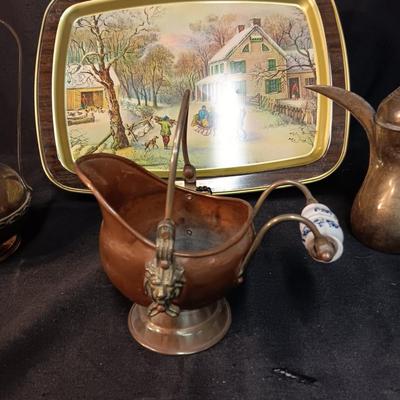 CURRIER & IVES METAL TRAY, BRASS DALLAH COFFEE POT & PITCHER PLUS A COPPER POT