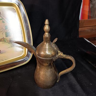 CURRIER & IVES METAL TRAY, BRASS DALLAH COFFEE POT & PITCHER PLUS A COPPER POT