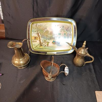 CURRIER & IVES METAL TRAY, BRASS DALLAH COFFEE POT & PITCHER PLUS A COPPER POT