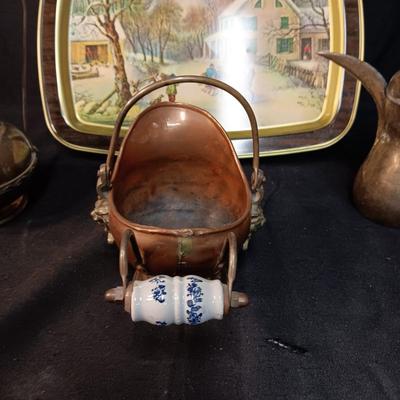 CURRIER & IVES METAL TRAY, BRASS DALLAH COFFEE POT & PITCHER PLUS A COPPER POT