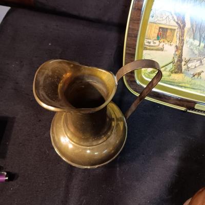 CURRIER & IVES METAL TRAY, BRASS DALLAH COFFEE POT & PITCHER PLUS A COPPER POT