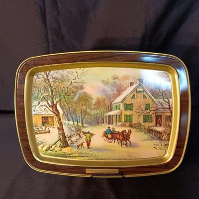 CURRIER & IVES METAL TRAY, BRASS DALLAH COFFEE POT & PITCHER PLUS A COPPER POT