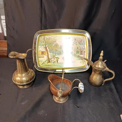 CURRIER & IVES METAL TRAY, BRASS DALLAH COFFEE POT & PITCHER PLUS A COPPER POT