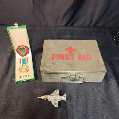 MILITARY FIRST AID KIT, DIE-CAST MODEL PLANE AND LIBERATION OF KUWAIT MEDAL