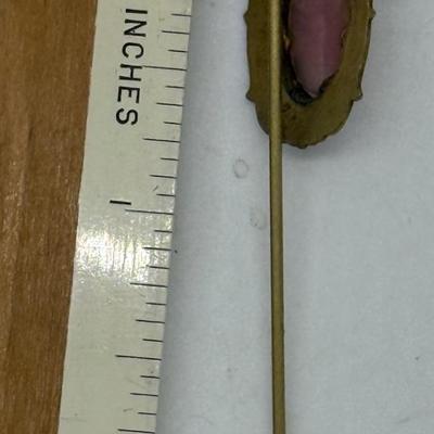 Antique gold tone large pink and green stone stick pin 3"
