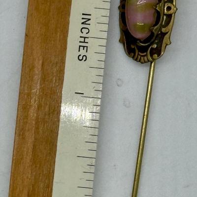 Antique gold tone large pink and green stone stick pin 3"