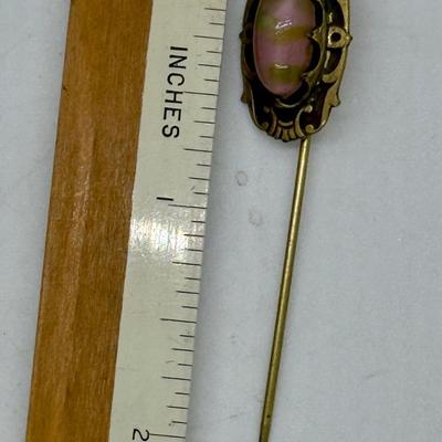 Antique gold tone large pink and green stone stick pin 3"