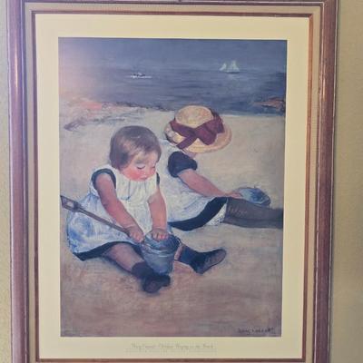 Framed Mary Cassatt Print – Children Playing on the Beach with faux green plant