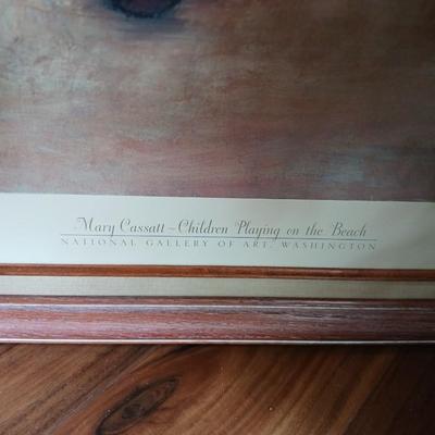 Framed Mary Cassatt Print – Children Playing on the Beach with faux green plant