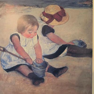 Framed Mary Cassatt Print – Children Playing on the Beach with faux green plant