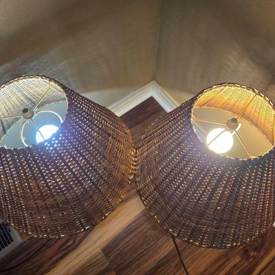 Pair of Blue Ceramic Table Lamps with Wicker-like Woven Shades