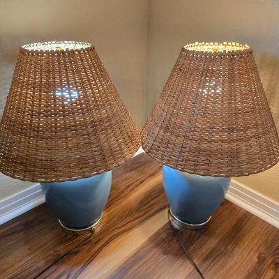 Pair of Blue Ceramic Table Lamps with Wicker-like Woven Shades
