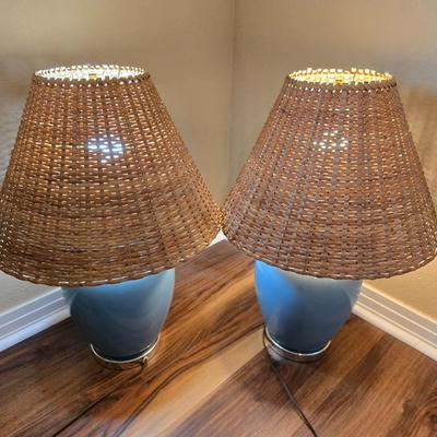 Pair of Blue Ceramic Table Lamps with Wicker-like Woven Shades