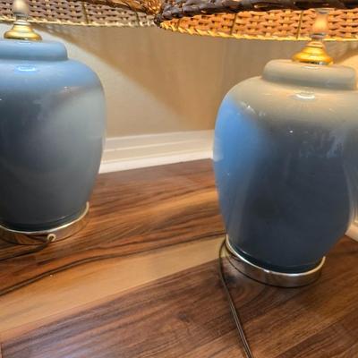 Pair of Blue Ceramic Table Lamps with Wicker-like Woven Shades
