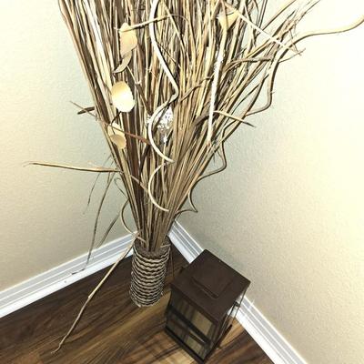 Woven Vase with Dried Grass & Metal Lantern