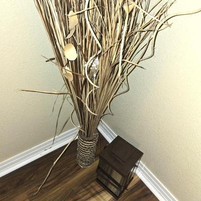 Woven Vase with Dried Grass & Metal Lantern